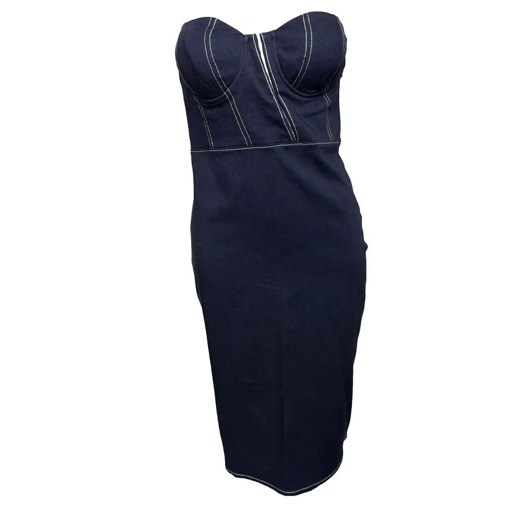 NBD Sabina Denim Midi Dress M ICorset Bodice Underwire Cups Coquette Nashville